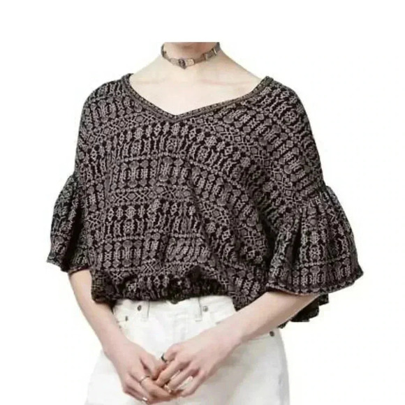 Free People Black Taupe‎ Cotton Knit Comfy Short Top Ruffle Sleeves size L - Picture 1 of 11